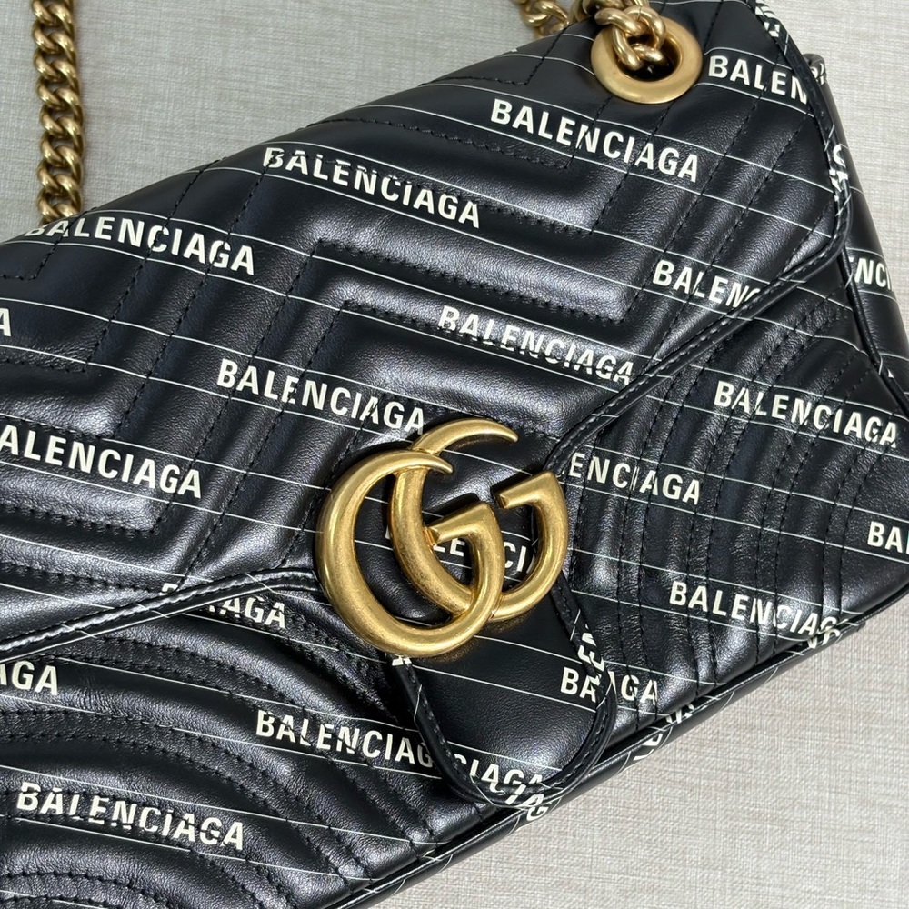 GUCCI Black Leather GG Marmont Shoulder Bag with Balenciaga Print Medium GHW - Picture 10 of 17
